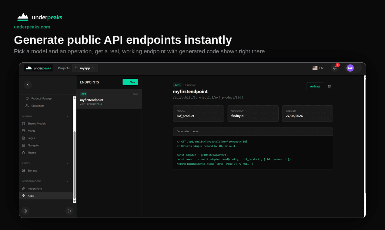 API Builder showing a GET endpoint for a product model with its generated code