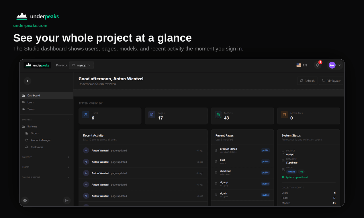 Underpeaks Studio dashboard with user, page, model and media counts, recent activity and system status