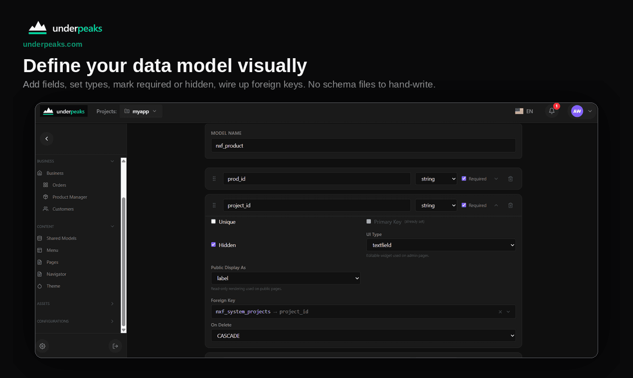 Model editor showing fields, types, required and hidden options and a foreign key setting